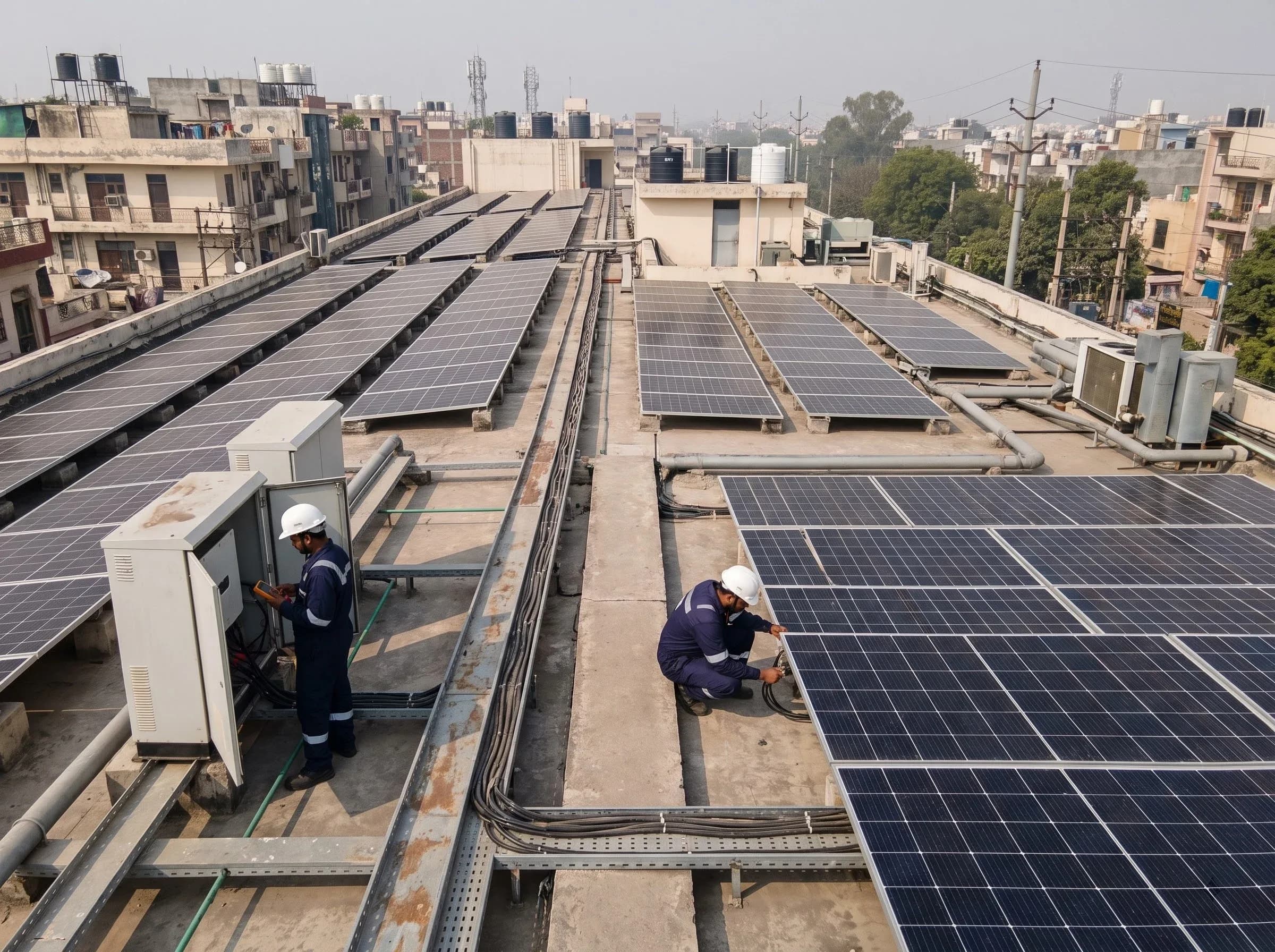 Grid Nova technicians wiring rooftop solar on a commercial building