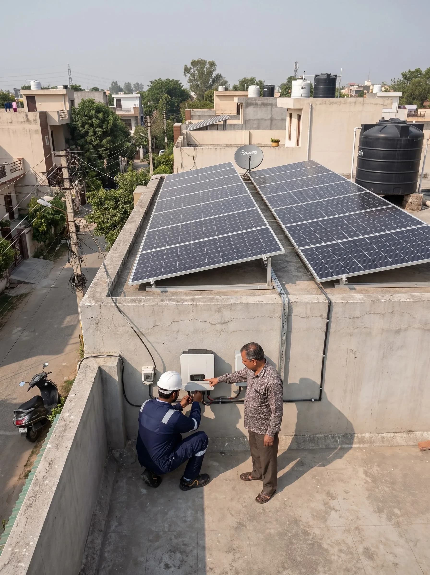 Grid Nova technician showing a homeowner the rooftop solar inverter
