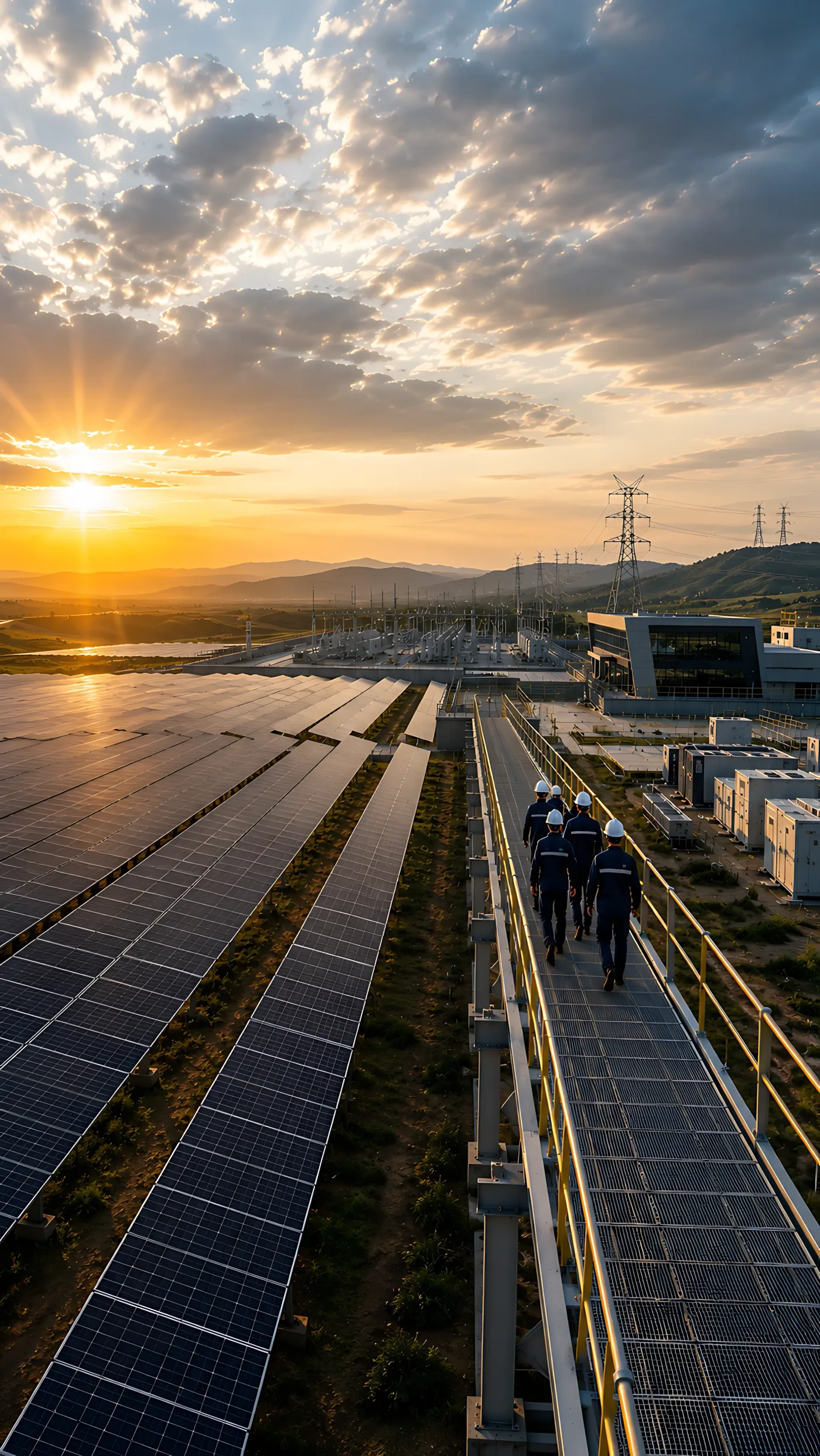 Grid Nova Energy engineers walking a utility-scale solar installation at sunset